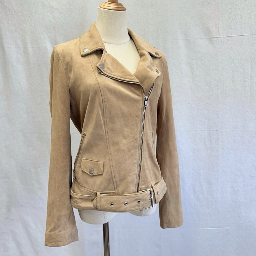 Ugg Stacey suede leather moto biker jacket belted size medium sand color - Picture 6 of 16